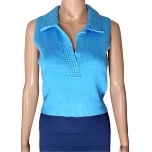 Caroline Constas Sleeveless Ribbed Knit Blue Top With Crochet Collar Size Large
